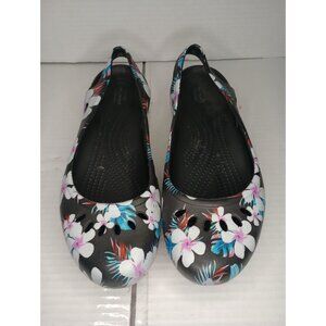 Floral Print Crocs Womens Slingback Flats Black White Tropical Size 9 Lightweigh